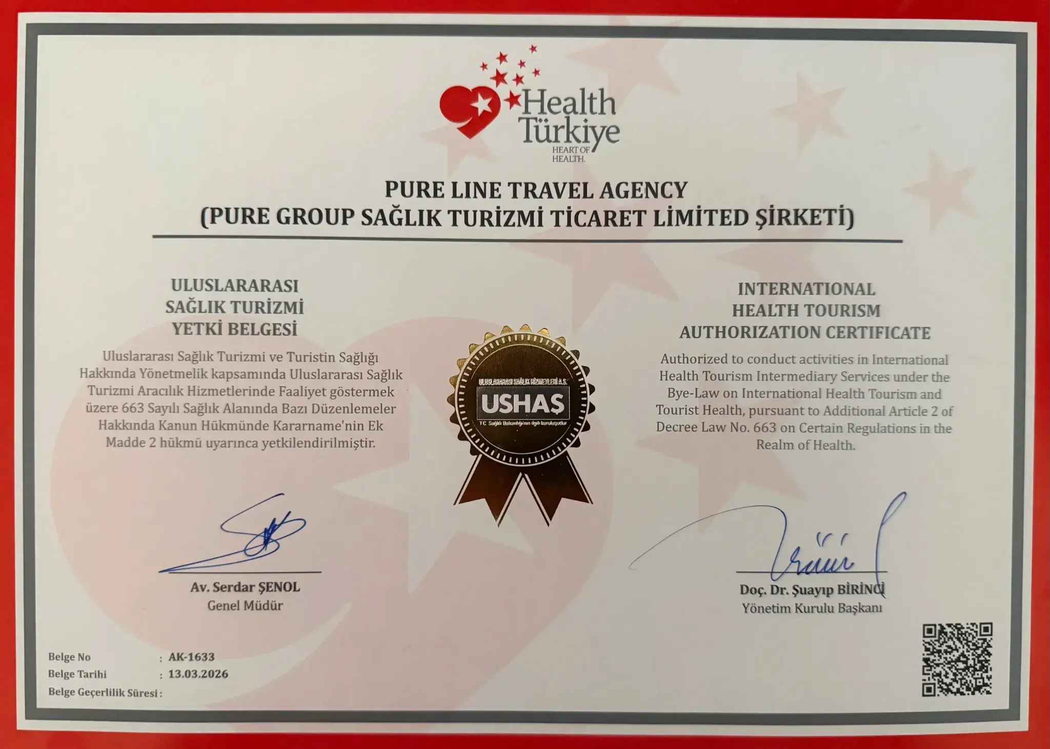 International Health Tourism Authorization Certificate for Pure Line Travel Agency